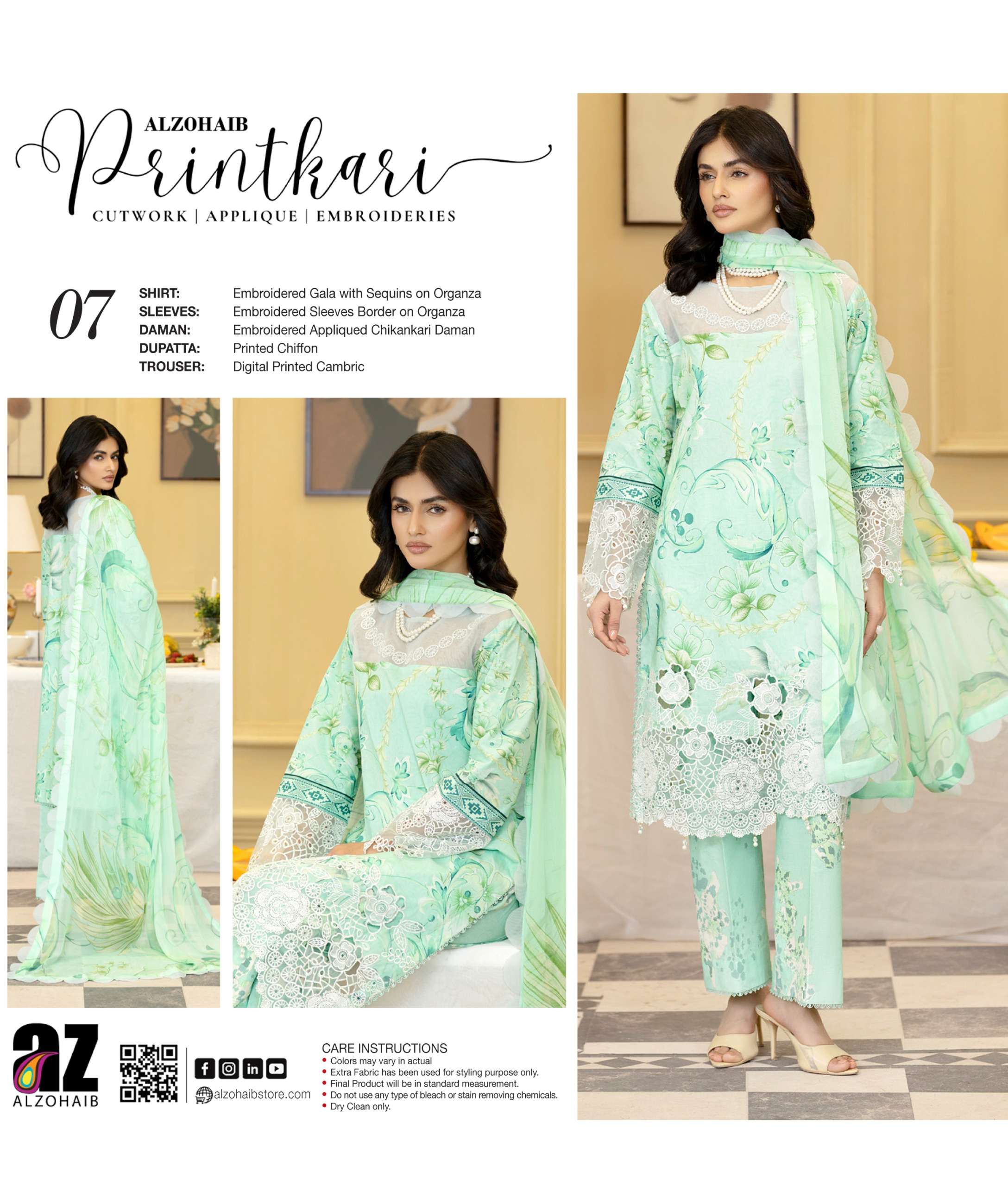 ZOHAIB TEXTILES SUNSHINE PRINTKARI EDITION EMBROIDERED SHIRT TYPE PAKISTANI SUIT EXPORTER